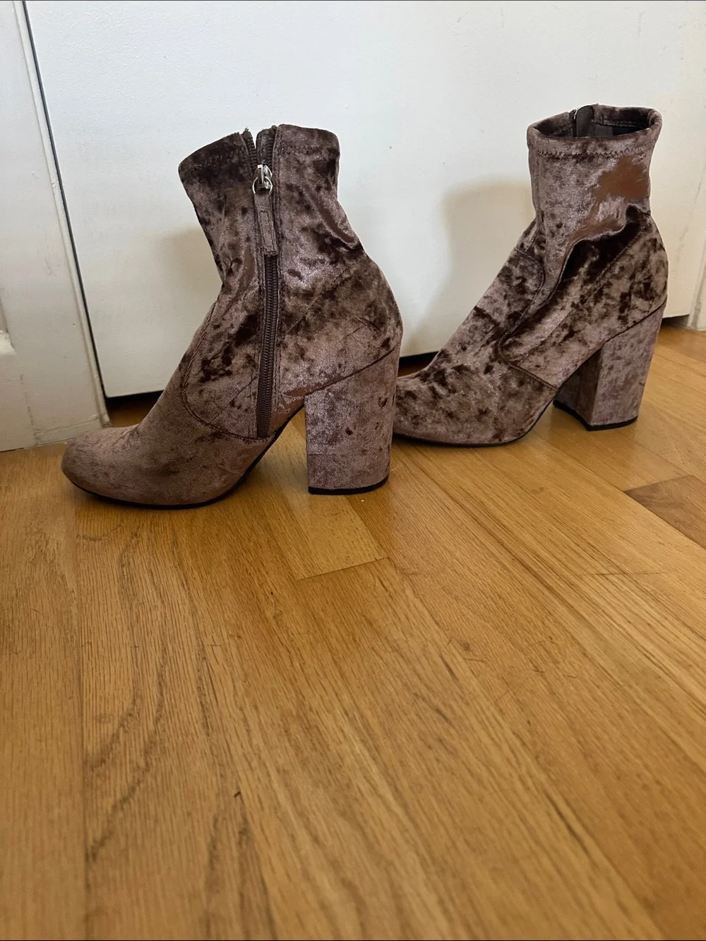 Steve Madden Taupe Velvet Block Heel Ankle Boots